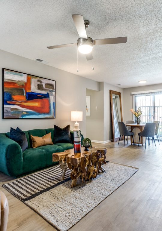 the living room has a ceiling fan and a couch at The  Reid Apartments