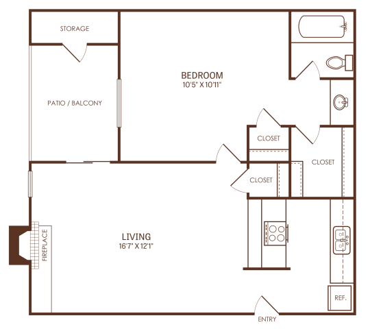 The Reid A1 floorplan featuring 1 bedroom, 1 bathroom, 600 square feet, with a private patio/balcony and fireplace.