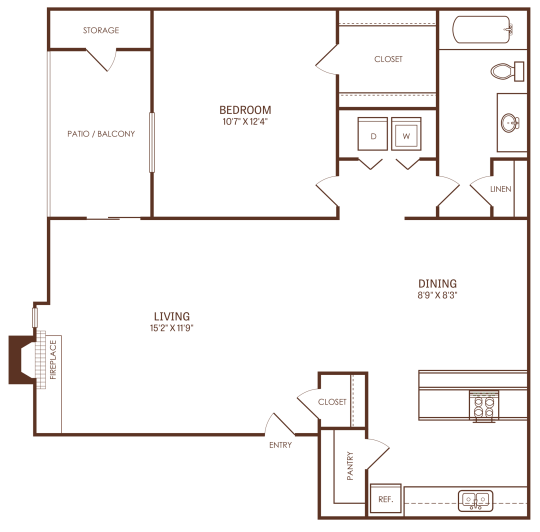 The Reid A2 floorplan featuring 1 bedroom, 1 bathroom, 720 square feet, with a dining area, fireplace, and private balcony.