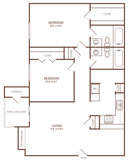 The Reid B1 floorplan with 2 bedrooms, 2 bathrooms, 878 square feet, and a private patio/balcony.