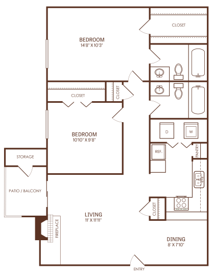 The Reid B2 floorplan featuring 2 bedrooms, 2 bathrooms, 950 square feet, and a private patio/balcony.