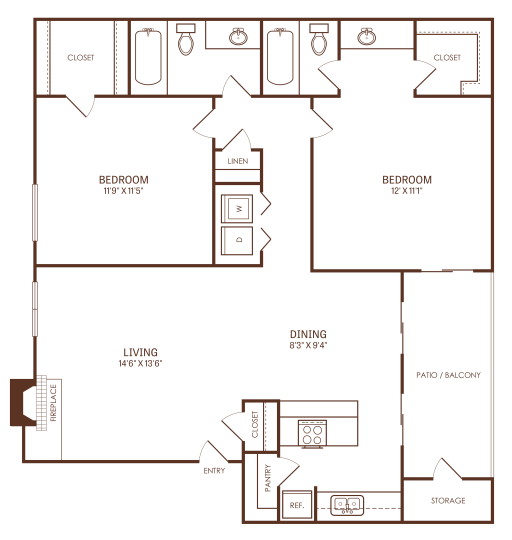 The Reid B3 floorplan featuring 2 bedrooms, 2 bathrooms, 1,000 square feet, with a spacious living/dining area and a private patio.