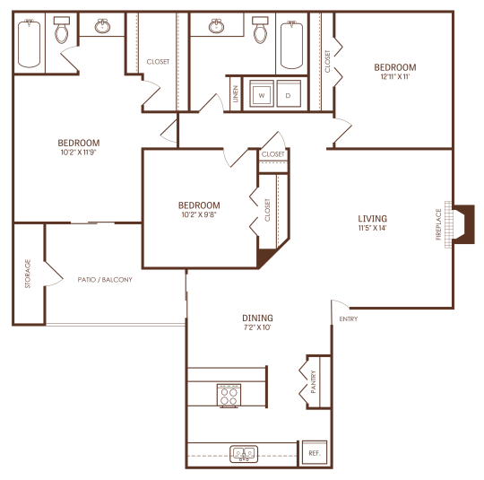 The Reid C1 floorplan featuring 3 bedrooms, 2 bathrooms, and 1,150 square feet, with a private patio and modern kitchen.